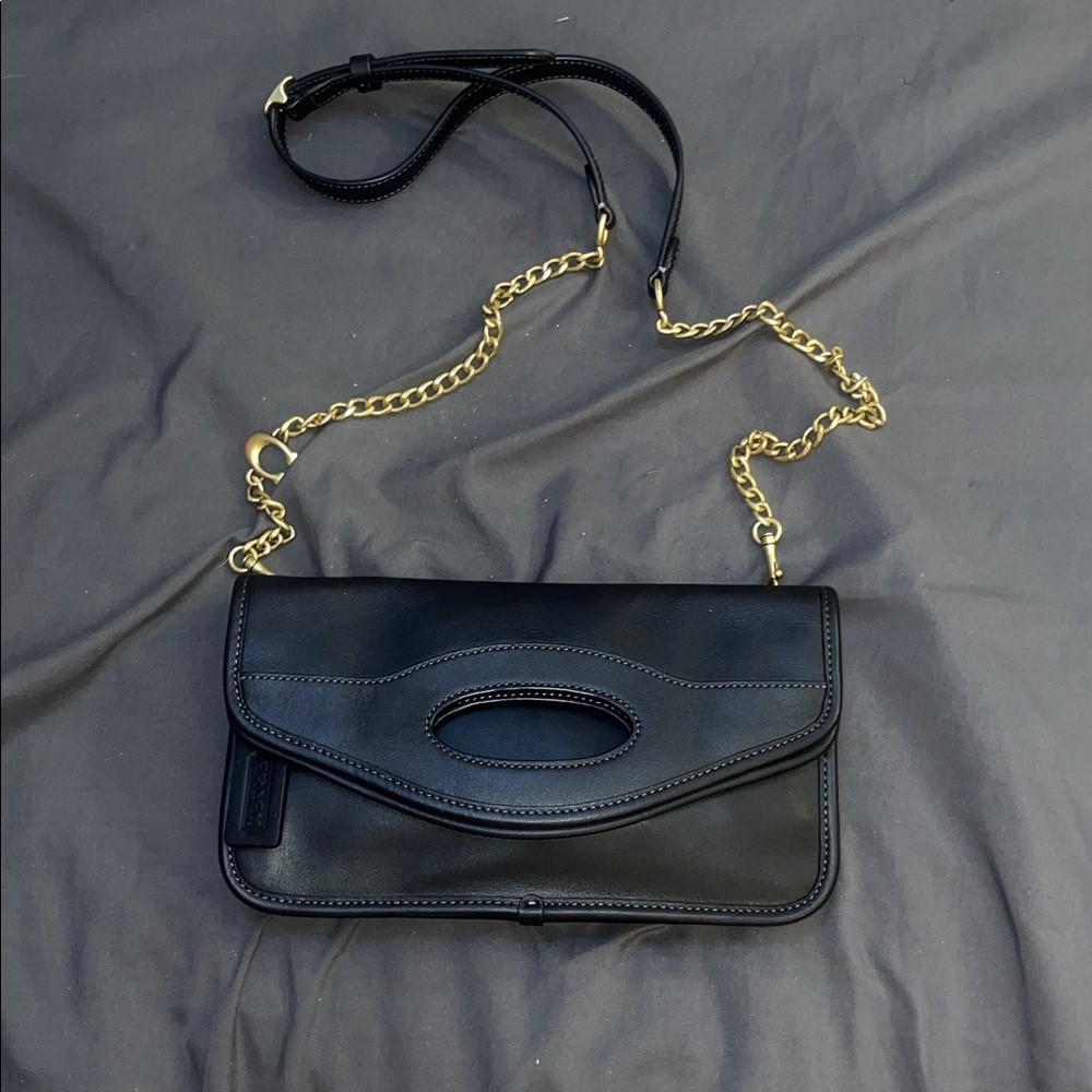 Coach Elegant Black Leather Clutch with Gold Chain